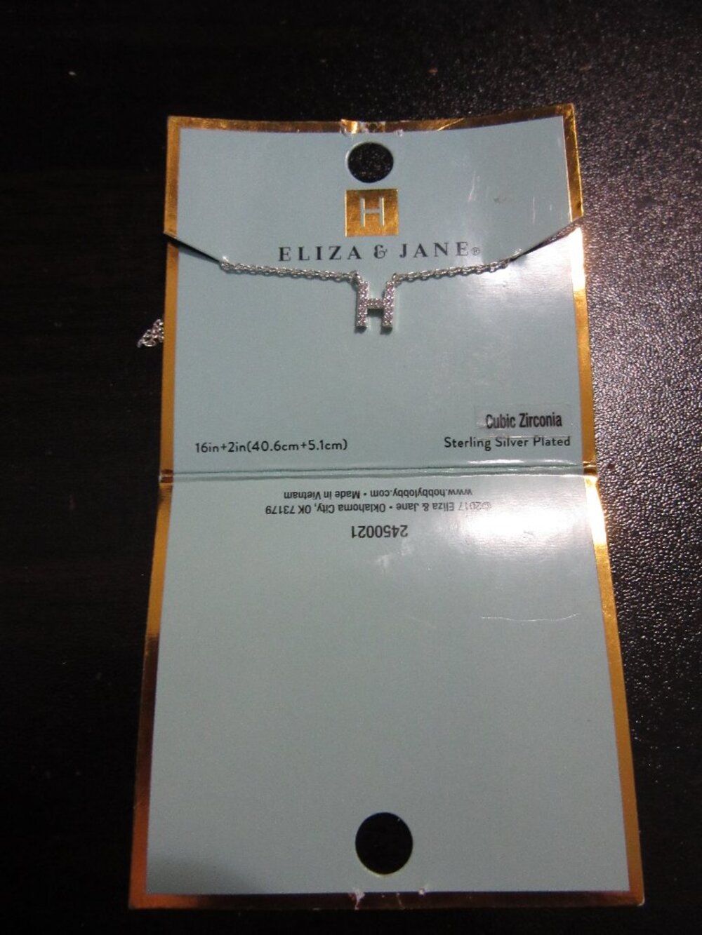 Eliza & Jane SS plated 1/4 inch "H" Pendant 16" Chain NWT